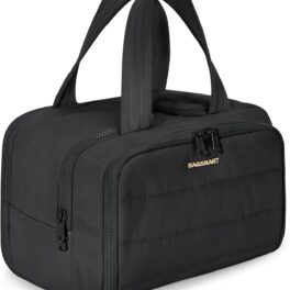 BAGSMART Travel Toiletry Bag, Lightweight Large Wide-open Travel Bag for Women, Puffy Cosmetic Makeup Bag Organizer with Handle for Accessories,Essentials, Toiletries, Black
